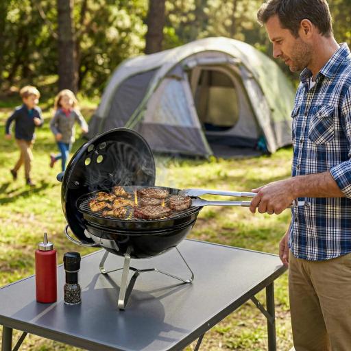 Barbacoa de Carbón Portátil Barbacoa de Carbón Redonda Tapa con Soporte Rejilla Ventilación Ajustable Ø41x44 cm Negro [3]