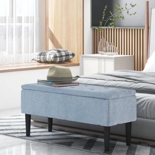 Banco de Pie de Cama Baúl de Almacenaje para Dormitorio con Tapa Abatible y Patas de Madera 95x38x45 cm Azul