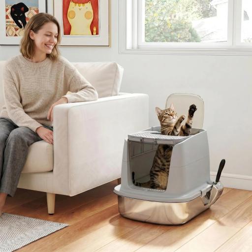 Arenero para Gatos de Acero Inoxidable L con Tapa Abatible Pala Metálica Bolsa Desodorizante Fácil Limpiar Gris Claro [7]
