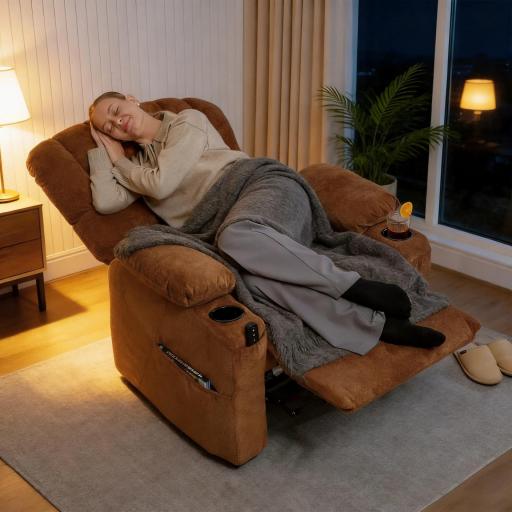 Sillón Relax Reclinable Eléctrico Silencioso con Función Memoria Reposapiés Mando a Distancia Bolsillo Lateral Marrón [6]