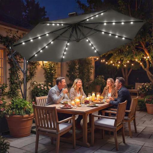 Parasol Excéntrico con Luces LED Solares Ø345 cm Sombrilla Jardín de Aluminio con Base Cruzada Manivela Funda Gris