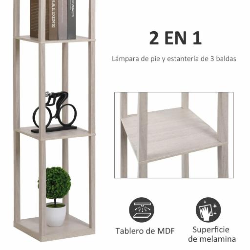 Lámpara de Pie con Estantes de Almacenaje, Lámpara de Madera Moderna, Bombilla E27, para Salón, Dormitorio, Oficina, Roble [2]