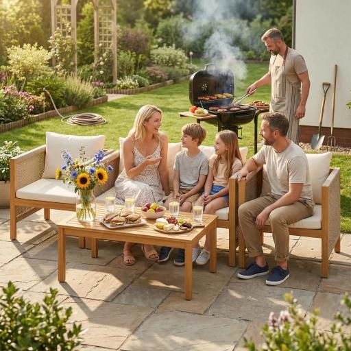 Conjunto de Muebles de Jardín de 4 Piezas con Sofá 2 Plazas 2 Sillones Mesa de Madera Cojines y Cuerda PP Beige [2]