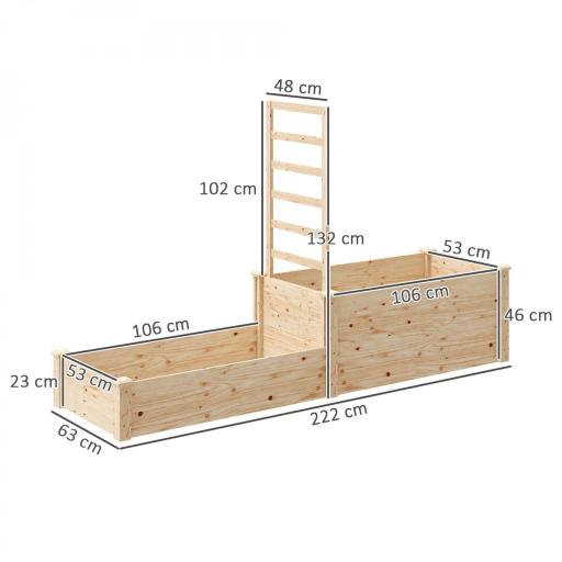 Jardinera Elevada con Celosía de Madera para Plantas Trepadoras y 2 Cajas de Cultivo 222x63x132 cm Natural [1]