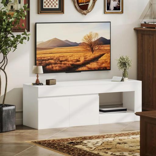 Mueble de TV Moderno para Salón con 2 Puertas Estante Abierto para Televisión 60 Pulgadas 140x40x48 cm Blanco [5]