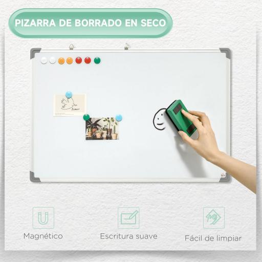 Pizarra Blanca Magnética Pizarra de Borrado en Seco con Borrador 4 Rotuladores y 10 Imanes 90x60 cm Blanco [6]