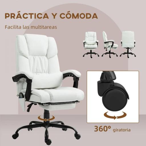 Silla de Oficina con Masaje de 6 Puntos Respaldo Alto Reclinable Altura Ajustable Reposapiés y Mando a Distancia Blanco [4]