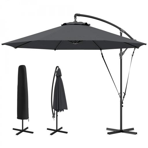Parasol de Jardín Excéntrico Sombrilla con Funda para Sombrilla Protección UV 50+ y Base Cruzada Ø290x243 cm Gris Oscuro [8]