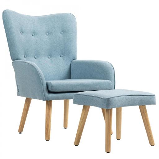 Sillón con Reposapiés Sillón Lectura con Respaldo Alto Capitoné Patas de Madera y Tapizado en Lino Azul Claro [8]