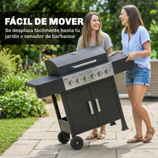 Barbacoa de Gas con 6 Quemadores Termómetro Parrilla Mesas Laterales Armario y Ruedas 135x51x101 cm Negro [7]