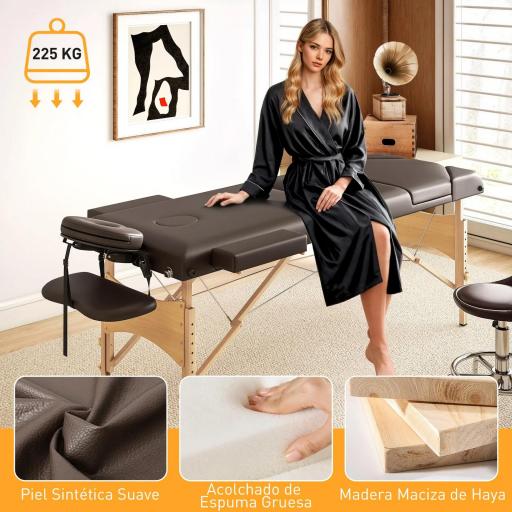 Camilla Masaje Plegable de Madera de 3 Zonas con Altura Respaldo Reposacabezas Ajustables Brazos 215x60x64-89 cm Marrón [9]