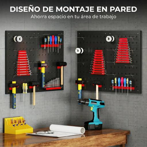 4 Paneles de Herramientas de Pared 38 Piezas cada panel 60x40 cm con Ganchos y Estantes Negro y Rojo [3]