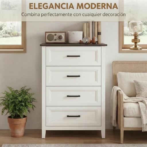 Cómoda Dormitorio Estrecho y Alto con Encimera Efecto Madera Cajonera para Espacios Pequeños 60x35x87 cm Blanco [3]