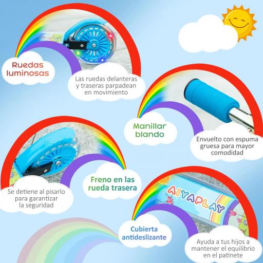 Patinete Infantil Plegable con Luces Música Altura Ajustable Ruedas Brillantes Pedal LED Carga 50kg 67x32x65-78 cm Azul [3]