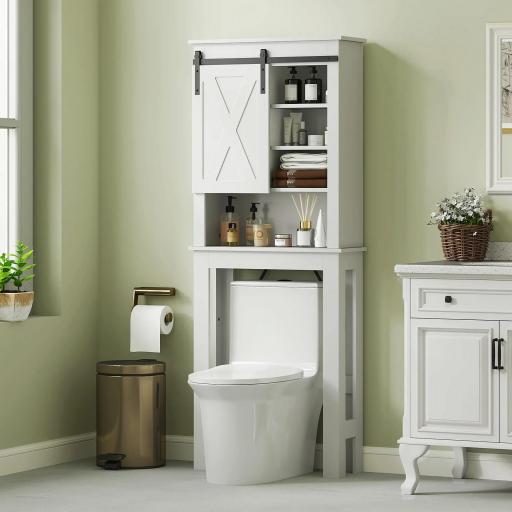 Mueble sobre Inodoro para el Baño con Puerta Corredera de Granero y 6 Compartimentos Estilo Rústico 67x25x172 cm Blanco