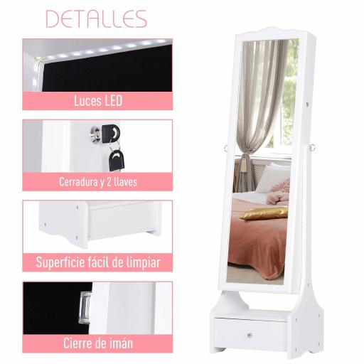 Espejo Joyero de Pie Armario de Joyería con Luces LED Cerradura Cajones Espejo y Mesa Interior Abatible para Comésticos 45x36x150cm [2]