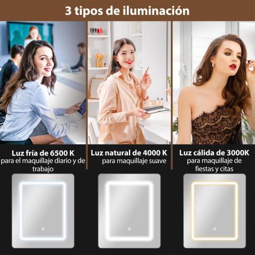 Tocador de Maquillaje con Luces LED de Color Ajustable y Espejo Lateral Abatible Cajón Compartimentos Abiertos Blanco [4]