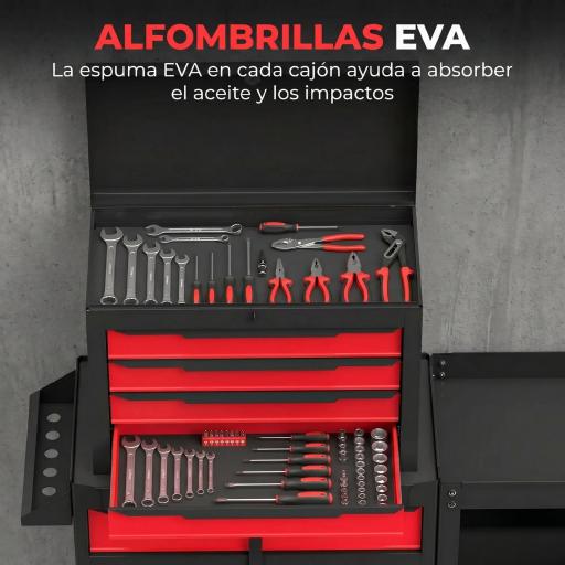 Carro de Herramientas con Ruedas 3 en 1 con 5 Cajones y Armario Inferior Paneles Perforados y Cerradura Negro y Rojo [5]