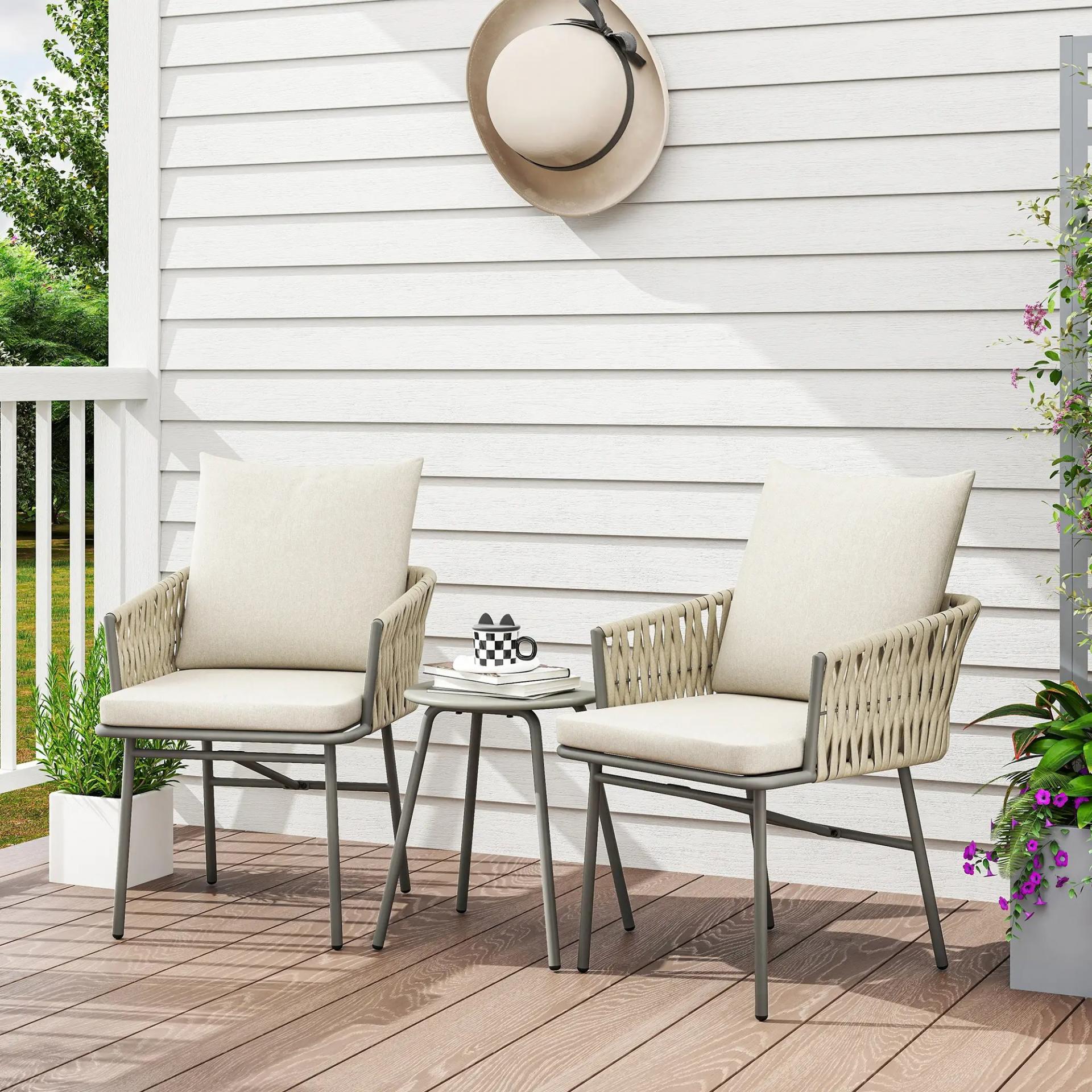 Conjunto de Muebles de Jardín de Ratán Sintético con 2 Sillas con Cojines Extraíbles y Mesa con Tablero de Metal Gris