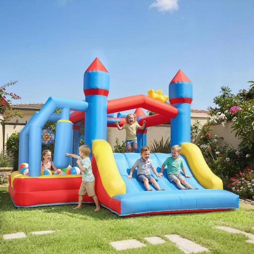 Castillo Hinchable para Niños con Soplador Tobogán Trampolín Piscina Pilar de Boxeo y Aro de Baloncesto 277x270x215 cm