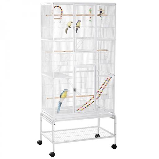 Jaula para Pájaros con Ruedas con Comederos Perchas Columpio Estante y Bandeja Extraíble 83x53x180 cm Blanco [9]