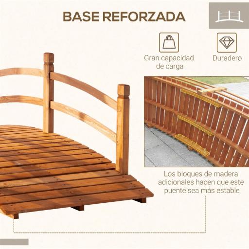 Puente de Arco de Madera 185x72x58 cm con Pasamanos Puente de Jardín para Decoración Patio Carga 200 kg Natural [2]