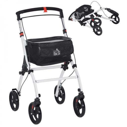 Andador para Personas Mayores Plegable de Aluminio con 4 Ruedas Bandeja Altura Ajustable Frenos de Maneta Blanco [2]