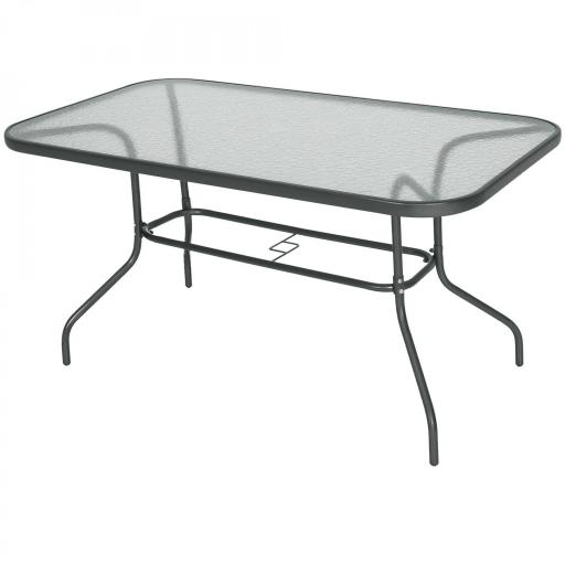 Mesa de Jardín Exterior Rectangular de Metal Bordes Curvos con Orificio para Sombrilla Capacidad 70kg Vidrio Templado 140x80x70 cm Gris Carbón [9]
