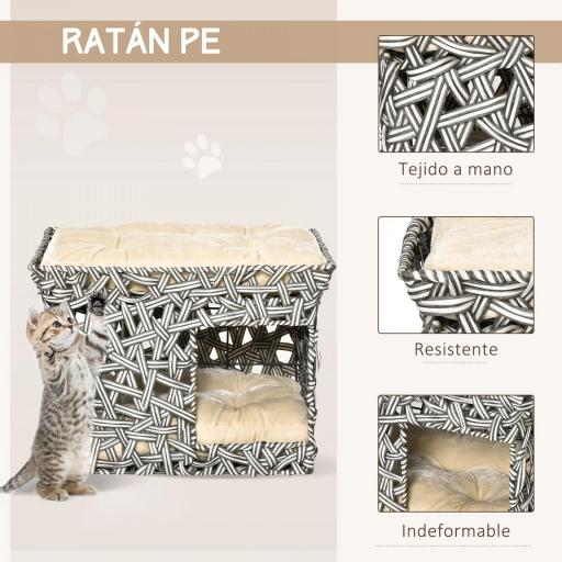 Cesta de Ratán para Gatos de 2 Pisos Cueva Cama de Gato Tipo Caseta con 2 Cojines Suaves Estructura de Metal 51x42x37 cm Gris y Beige [4]