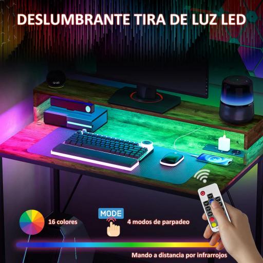 Mesa de Escritorio con Luces LED Tomas de Corriente Soporte para Monitor y Control Remoto 100x50x90,5 cm Marrón Rústico [2]