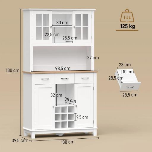 Alacena de Cocina con Iluminación LED Control por APP Encimera para Microondas Botellero Puertas de Vidrio Blanco [1]