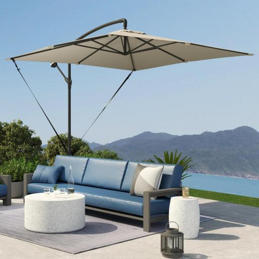 Parasol Excéntrico 247x247 cm con Base Cruzada Manivela Funda Protectora y Toldo Giratorio 360° 247x247x256 cm Caqui [6]