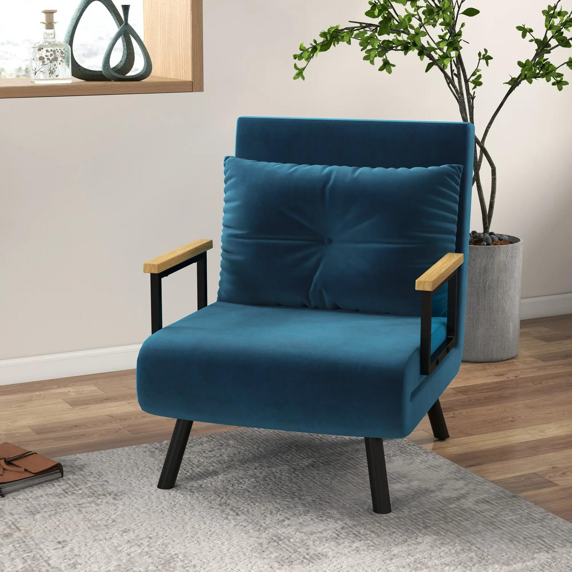 Sofá Cama Individual Plegable Silla Cama Convertible 4 en 1 Respaldo Ajustable de 5 Niveles y Almohada 63x73x81 cm Azul