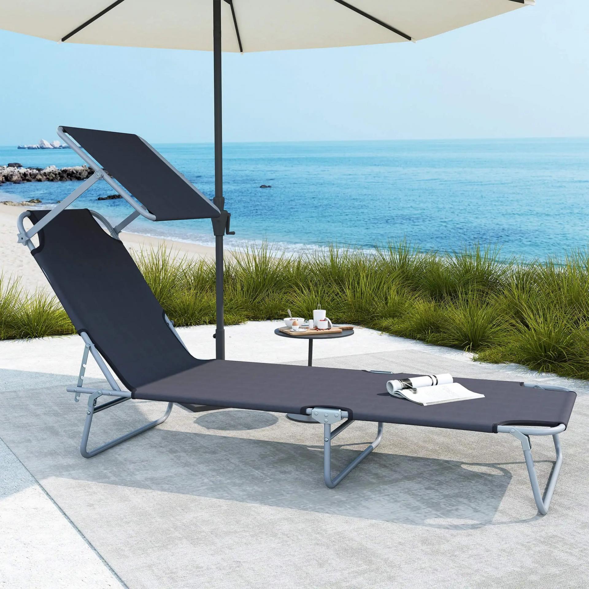 Tumbona de jardín Plegable con Toldo y Respaldo Reclinable para Jardín Terraza Acampada 187x58x36cm Gris