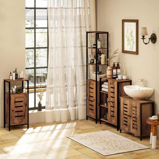 Mueble Bajo Lavabo Industrial 2 Puertas de Lamas con Cierre Magnético Estante Ajustable 60x30x60 cm Marrón Rústico [4]