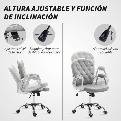 Silla de Escritorio de Terciopelo con Altura Ajustable Reposabrazos y Decoraciones de Diamantes 59,5x60,5x93-103 cm Gris [1]