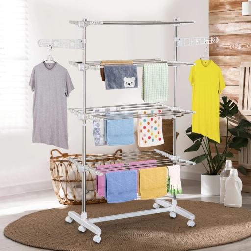 Tendedero de Ropa Plegable 80x55x172 cm con 6 Ruedas y 4 Estantes con Altura Regulable de Acero Inoxidable Plateado