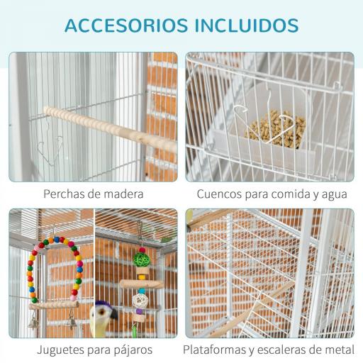Jaula para Pájaros con Ruedas con Comederos Perchas Columpio Estante y Bandeja Extraíble 83x53x180 cm Blanco [5]
