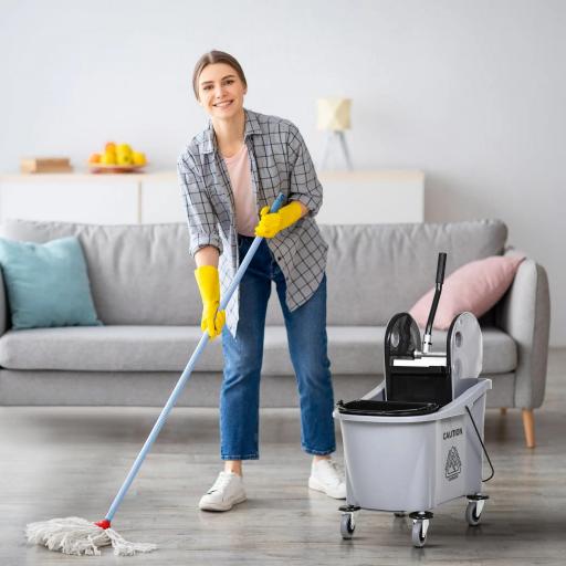 Cubo de Fregona con Ruedas 36L Carro de Limpieza con Escurridor de Presión y 2 Cubetas Separadas 54x41x91,5cm Gris