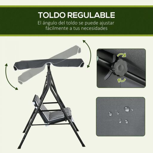 Balancín de Jardín Exterior Columpio de 3 Plazas con Toldo Ajustable y Marco de Acero 172x110x153 cm Gris y Blanco [4]