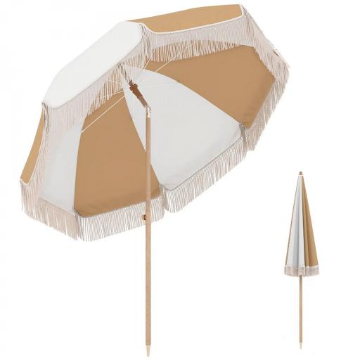 Sombrilla de Playa con Flecos Ø175 cm Sombrilla de Terraza Exterior con Altura Ajustable Inclinación 30° Blanco y Beige [7]