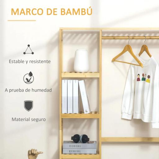 Perchero Burro de Bambú Perchero de Pie con Estantería de 4 Niveles con Barra Estante Inferior y Colgador Lateral para Ropa Bolsas Dormitorio 90x30x155 cm Natural [5]