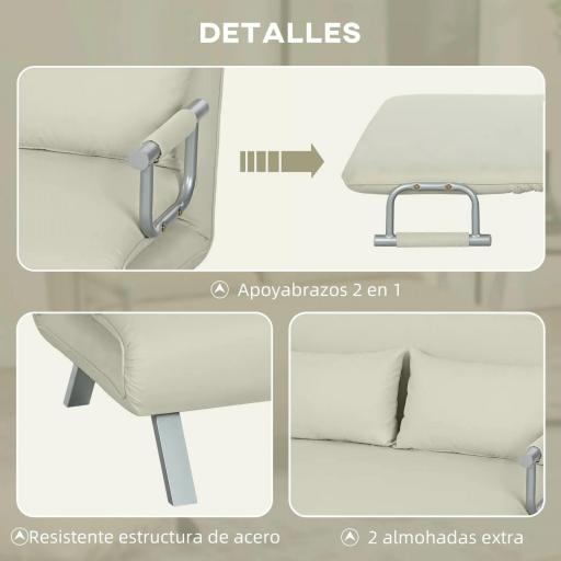 Sofá Cama de 2 Plazas con Respaldo Ajustable en 5 Posiciones Tapizado con Tacto de Ante y Cojines 111x80x78 cm Crema [3]