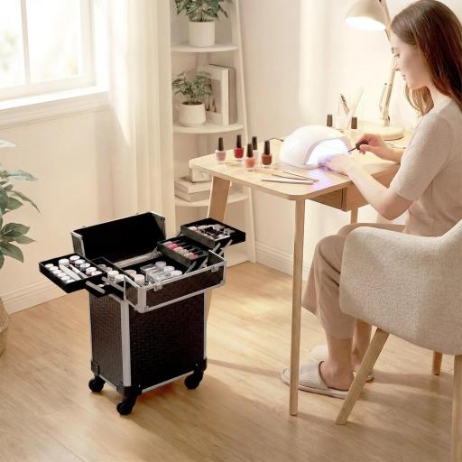 Maleta de Maquillaje Profesional con Ruedas Mango 2 Bandejas Compartimento Inferior Negro [5]