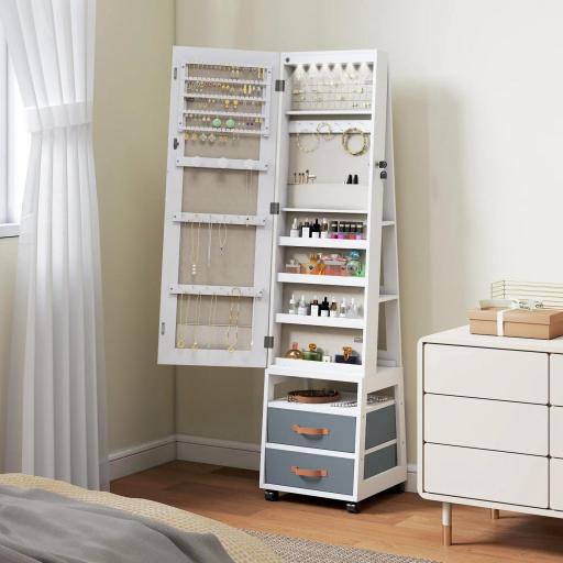 Espejo Joyero con Luces LED Interior Ruedas Giratorio de 360° Estantes Abiertos Cajones de Tela Blanco