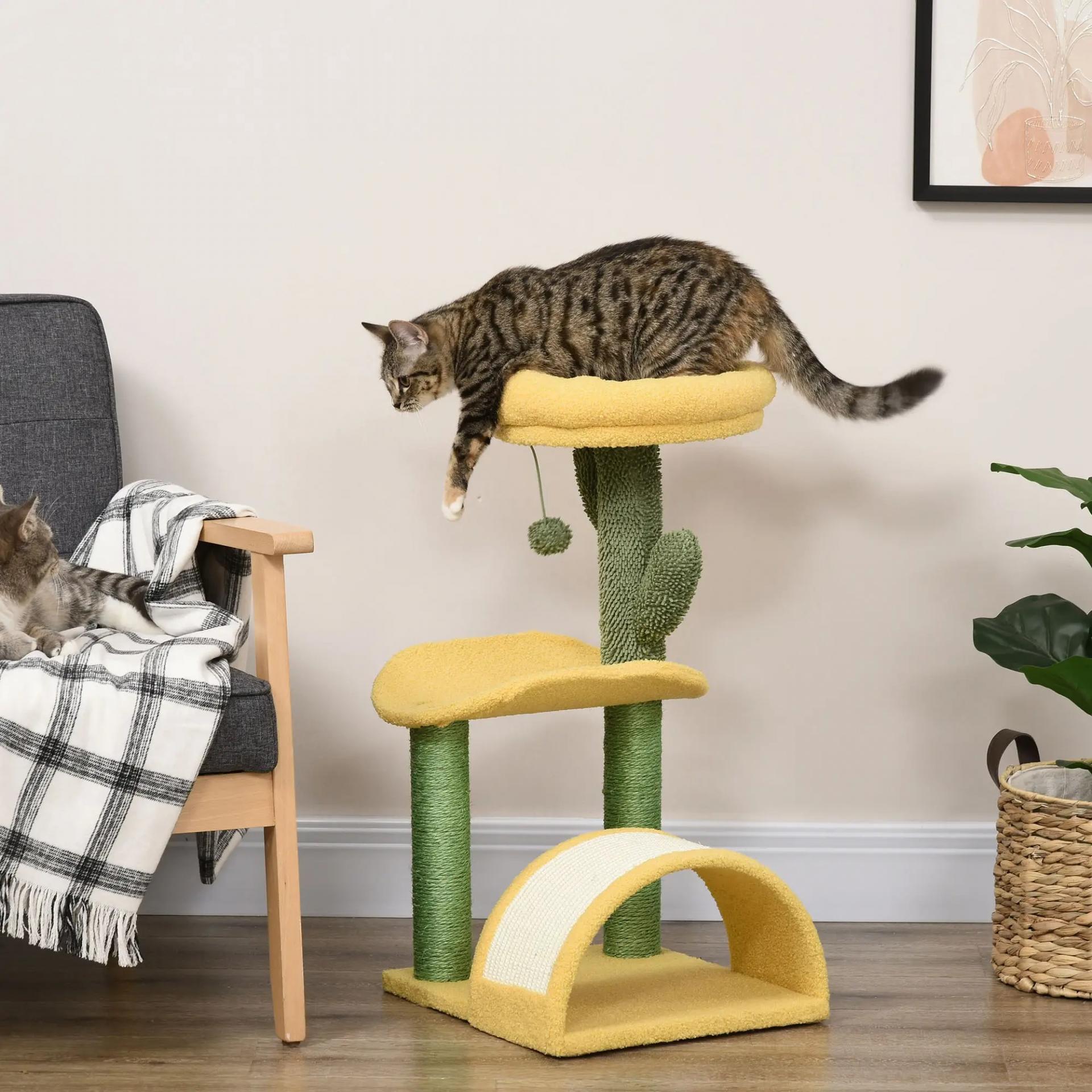 Rascador para Gatos de 72 cm con Cama Poste de Sisal Rascador Curvo y Bola Colgante 40x35x72 cm Verde y Amarillo
