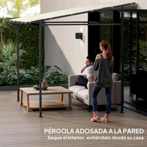 Pérgola de Pared 2,4x2,4 m con Techo Inclinado Protección UV 30+ Impermeable Marco de Metal para Patio Terraza Crema [3]