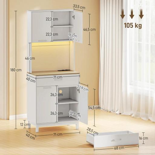 Alacena de Cocina con Luces LED Estación de Carga 4 Puertas Cajón Encimera Abierta 71x40x180 cm Blanco [6]