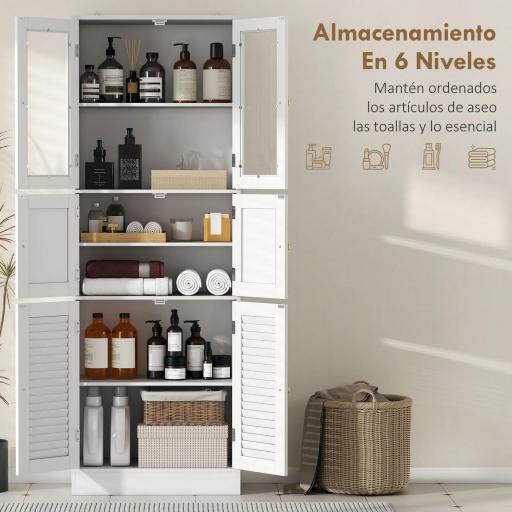 Columna de Baño Estrecha con Puertas de Vidrio Puertas de Lamas Estantes Ajustables 60x30x170 cm Blanco  [5]