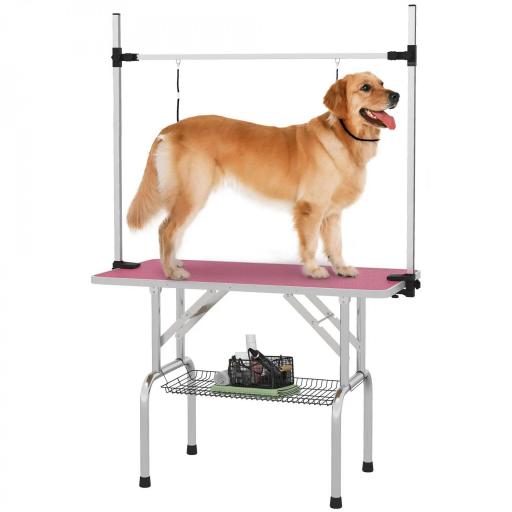 Mesa de Peluquería Canina Plegable con Cesta Metálica Barra de Acero Inoxidable Ajustable 107x60x164 cm Rosa [8]